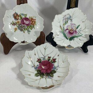 3 Nasco Japanese Floral Leaf Plates vintage Porcelain 4.5" scalloped nut candy